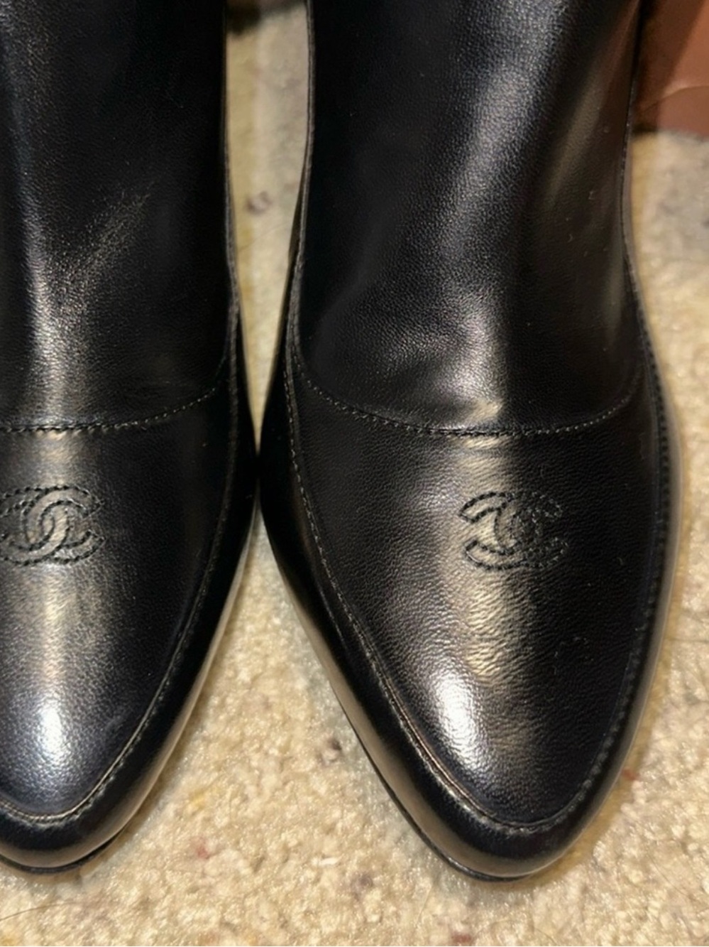 CHANEL Black Leather Knee-High Heeled Boots